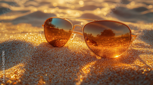 Wallpaper Mural Aviator sunglasses on golden sand reflecting sunset Torontodigital.ca
