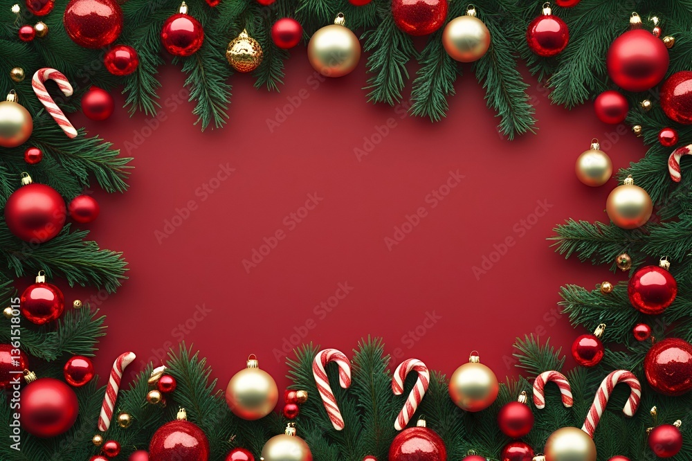 Red Christmas Frame with Ornaments & Pine Branches Red Christmas Frame with Ornaments & Pine Branches