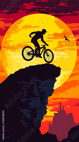 Silhouette biker on peak at sunset, for sports, adventure or achievement themes