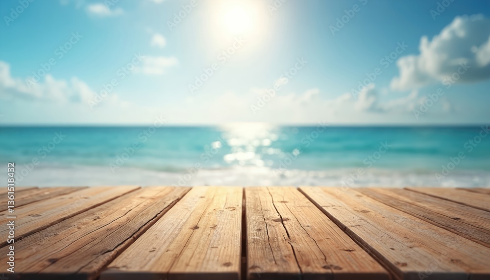 Fototapeta premium Empty wooden table on beach with blue sea background. Sunny day, table top, ocean view, horizon, copy space. Summer vacation backdrop, product display, natural background. Relaxing mood, travel,