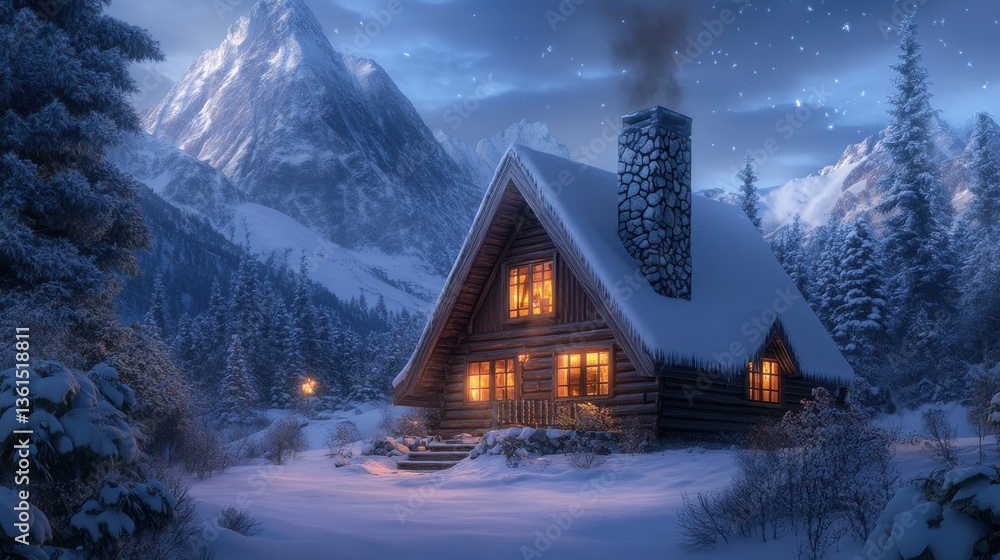 Fototapeta premium Cozy winter cabin surrounded by snow-covered mountains at night