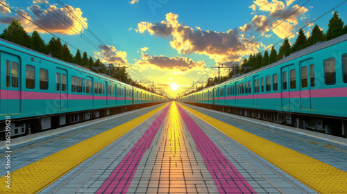A vibrant train station at sunset, featuring colorful train cars and a striking horizon framed by trees and clouds.