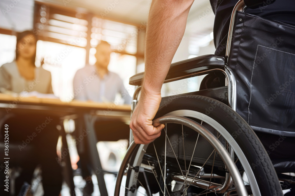 Person using a wheelchair presenting ideas, gesturing confidently to colleagues in a modern office Person using a wheelchair presenting ideas, gesturing confidently to colleagues in a modern office