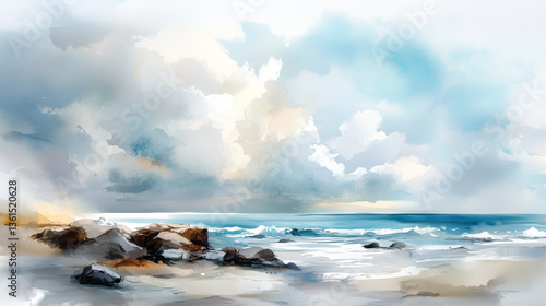 Watercolor painting of serene coastal landscape with waves crashing on rocky shore.