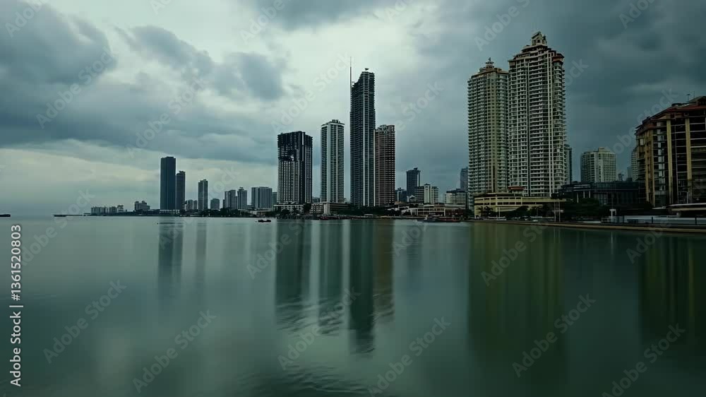City skyline reflects on water under cloudy sky at dusk in coastal urban area City skyline reflects on water under cloudy sky at dusk in coastal urban area