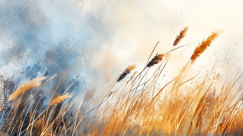 Oil painting of golden grass swaying in the wind under a soft sky.