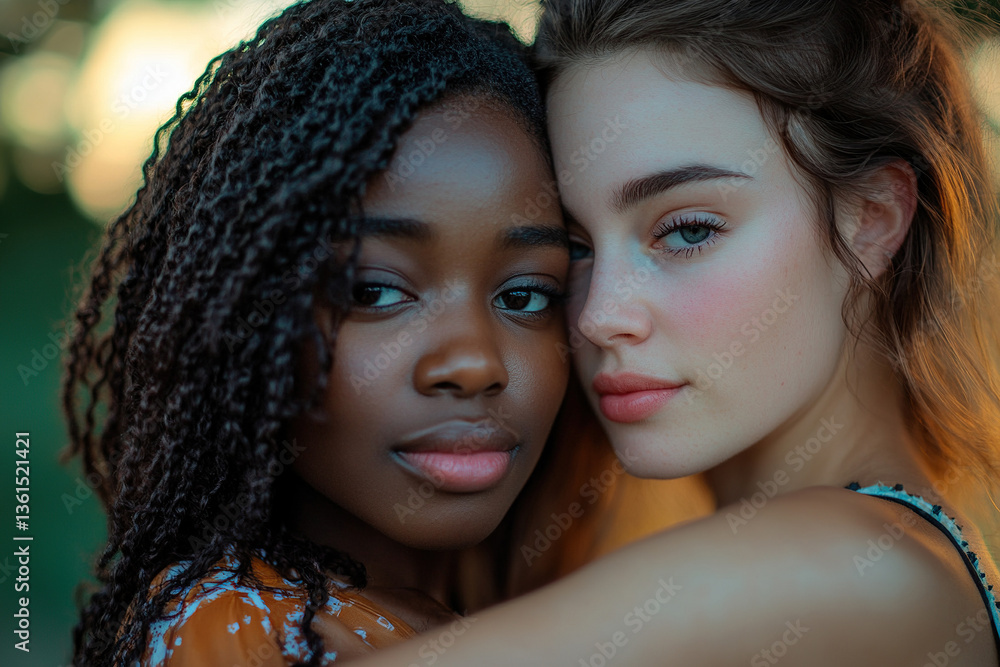 Fototapeta premium A lesbian couple, an African American woman and a white woman, hug while looking at the camera. LGBT relationship concept