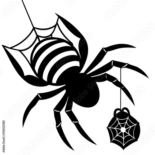 A spider with candy caught in it's web silhouette vector illustration