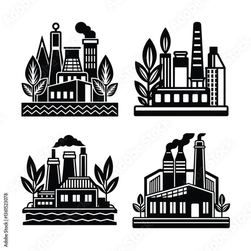Silhouettes of city buildings and factory in an industrial skyline design
