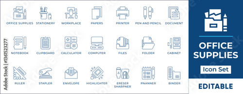 Office supplies line icon set featuring stationery, workspace tools, desk essentials, files, folders, notepad, pens, printer, paperclip, clipboard, stapler, calculator, and office equipment.