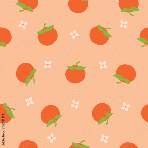 Vector seamless pattern with orange fruits, leaves,flowers and branches. Cute orange fruit background. Flat style pattern for print,fabric,textile and packaging