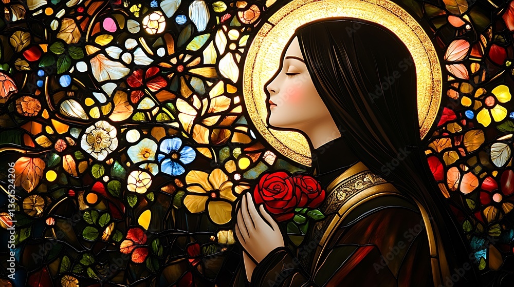 Stained glass art of Saint Therese of Lisieux, depicted in prayer, holding roses close to her chest, golden halo glowing gently, surrounded by intricate patterns of flowers, stars, and light rays, Stained glass art of Saint Therese of Lisieux, depicted in prayer, holding roses close to her chest, golden halo glowing gently, surrounded by intricate patterns of flowers, stars, and light rays,