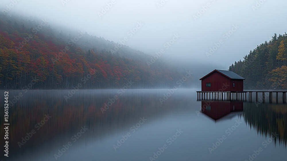 Fototapeta premium Red Cabin on Pier in Misty Lake Scene