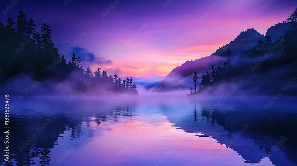 Fototapeta premium Misty Mountain Lake Sunrise Reflection - Calm and Peaceful