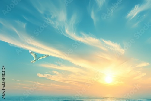 A serene seascape featuring a bird in flight against a vibrant sky at sunset, showcasing a blend of warm and cool colors.