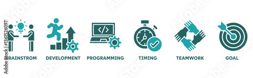 Hackathon icon set illustration concept for design sprint-like social coding event with icon of brainstorm, development, programming, timing, speed, teamwork, and goal