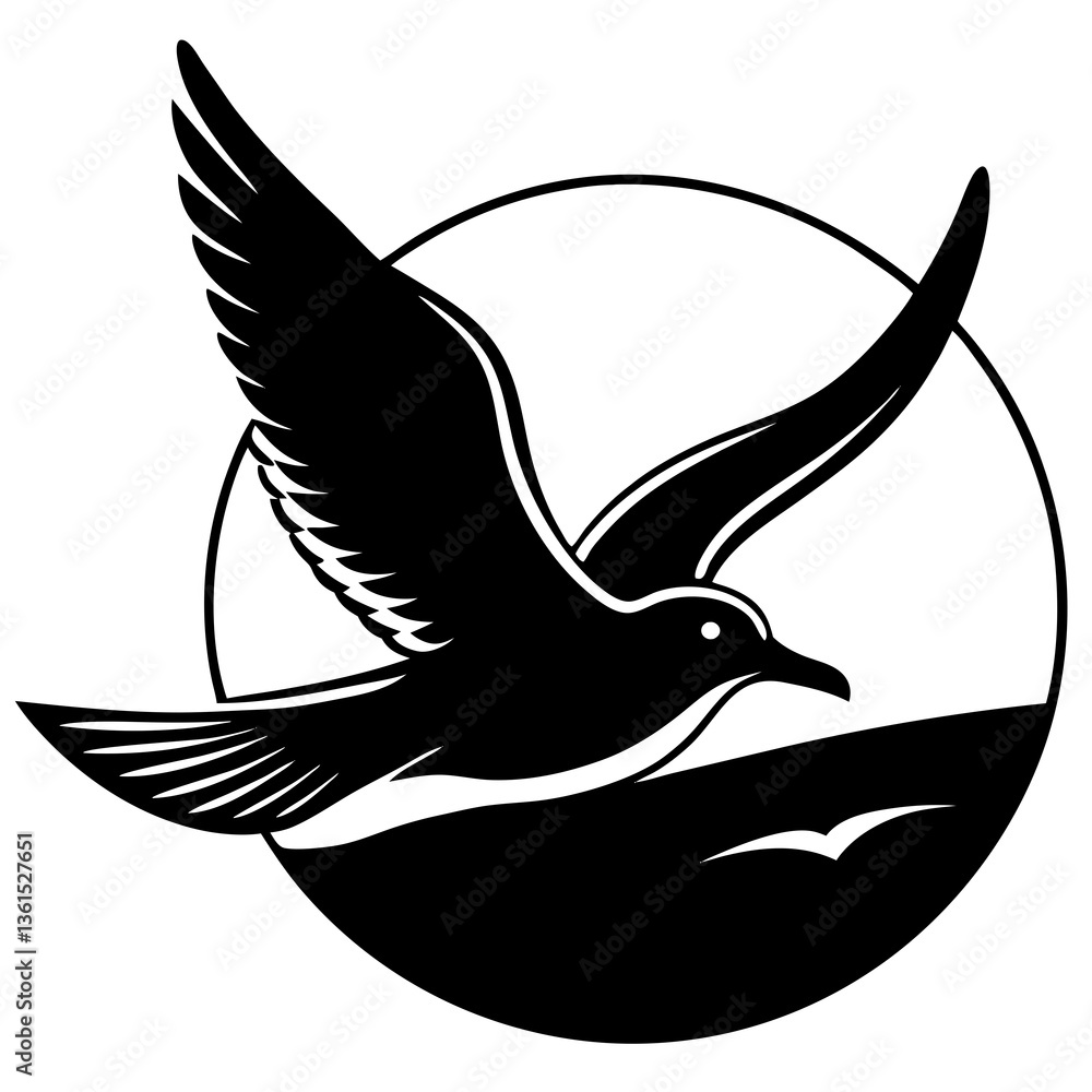 Seagull flying over a golden sunset silhouette vector illustration Seagull flying over a golden sunset silhouette vector illustration