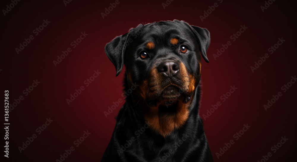 Obraz premium Alert Rottweiler Puppy Looking Intently Against Deep Maroon Background