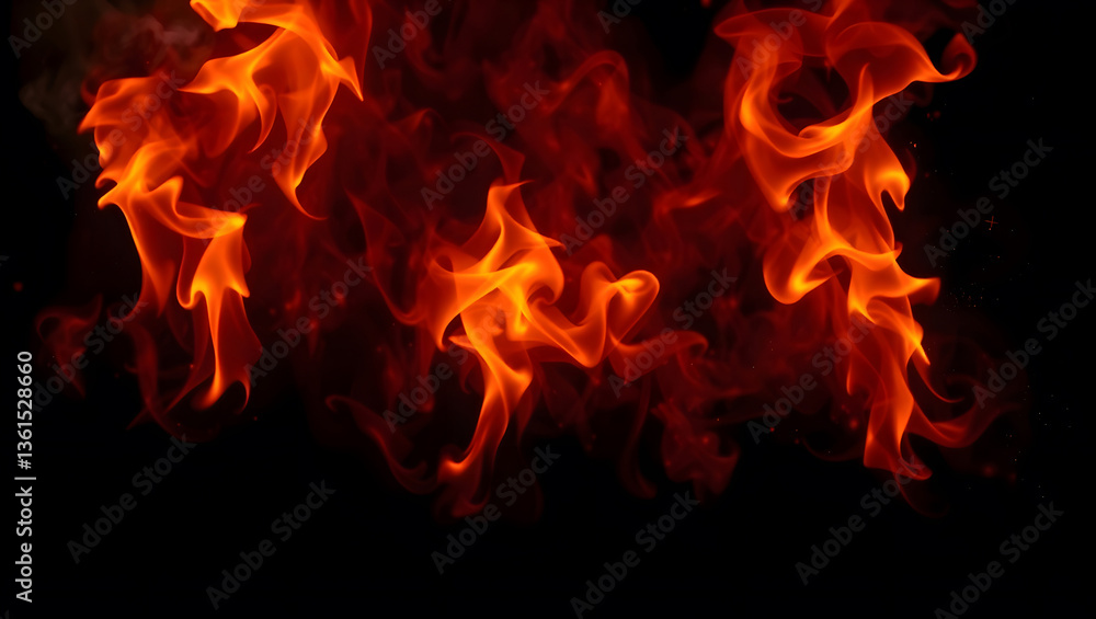 Fototapeta premium Fire Flames on Black Background, Blazing Heat Effect, Burning Flame Texture, Wildfire Flames and Sparks on Dark