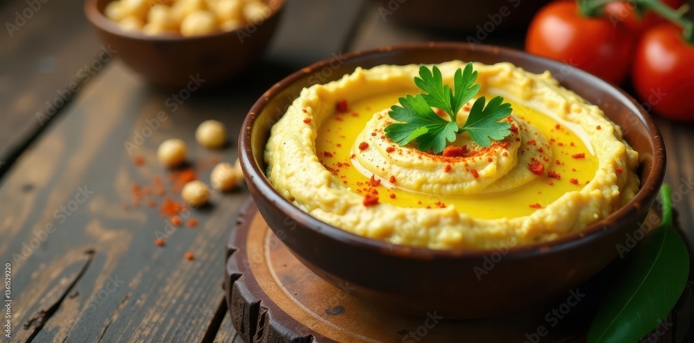 A delectable bowl of creamy hummus, adorned with a vibrant garnish of parsley and a sprinkle of paprika, sits on a rustic wooden surface alongside scattered chickpeas and ripe tomatoes. A delectable bowl of creamy hummus, adorned with a vibrant garnish of parsley and a sprinkle of paprika, sits on a rustic wooden surface alongside scattered chickpeas and ripe tomatoes.