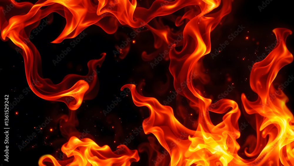 Fire Flames on Black Background, Blazing Heat Effect, Burning Flame Texture, Wildfire Flames and Sparks on Dark Fire Flames on Black Background, Blazing Heat Effect, Burning Flame Texture, Wildfire Flames and Sparks on Dark