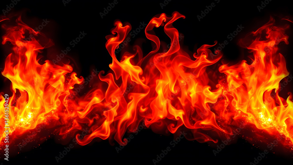Fire Flames on Black Background, Blazing Heat Effect, Burning Flame Texture, Wildfire Flames and Sparks on Dark Fire Flames on Black Background, Blazing Heat Effect, Burning Flame Texture, Wildfire Flames and Sparks on Dark