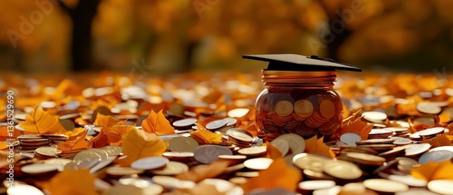 Education Savings Autumn Season Jar of Coins and Fallen Leaves Academic Future Investment Concept