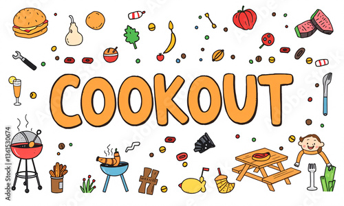A playful hand-drawn cookout flyer featuring fun doodle-style illustrations