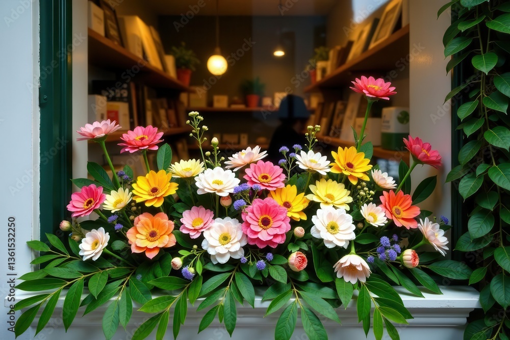 Obraz premium Vibrant Gerbera Daisies in a Window Box Displaying a Colorful Floral Arrangement with Lush Green Foliage