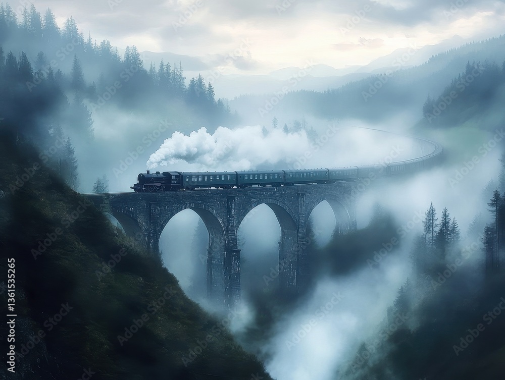 Fototapeta premium Journey Through Fog: A classic train journeys across a stone bridge shrouded in mist, traversing a mountainous landscape, evoking a sense of mystery and adventure.