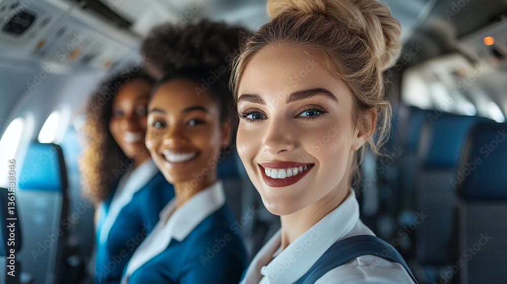 Close-up of a multicultural team of flight attendants, professional airline crew in elegant uniforms with welcoming smiles Close-up of a multicultural team of flight attendants, professional airline crew in elegant uniforms with welcoming smiles