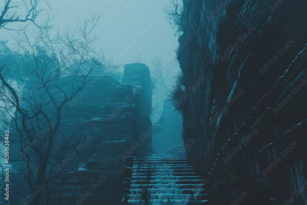 Fototapeta premium Mysterious foggy landscape featuring rugged cliffs and stone steps, surrounded by bare trees, evoking a sense of solitude and exploration.