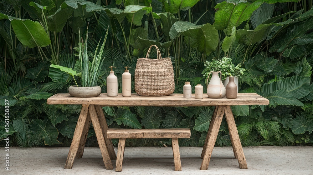 Fototapeta premium Wooden table and bench in a lush green garden