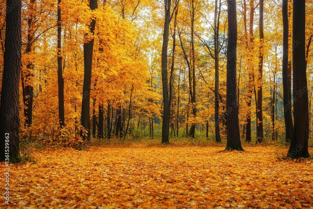 Obraz premium Autumn Forest: A breathtaking panorama of a forest ablaze with the vibrant colors of autumn, a symphony of golden leaves and towering trees, capturing the serene beauty of nature's transition.