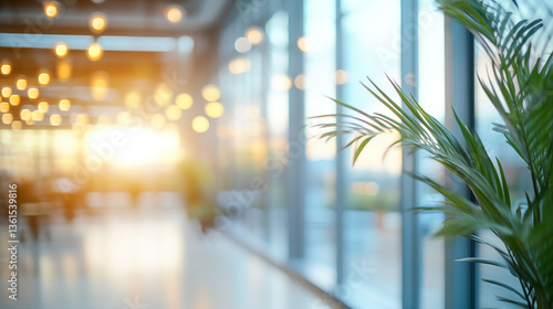 A blurred office interior with a plant in the foreground and bright lights in the background view inside