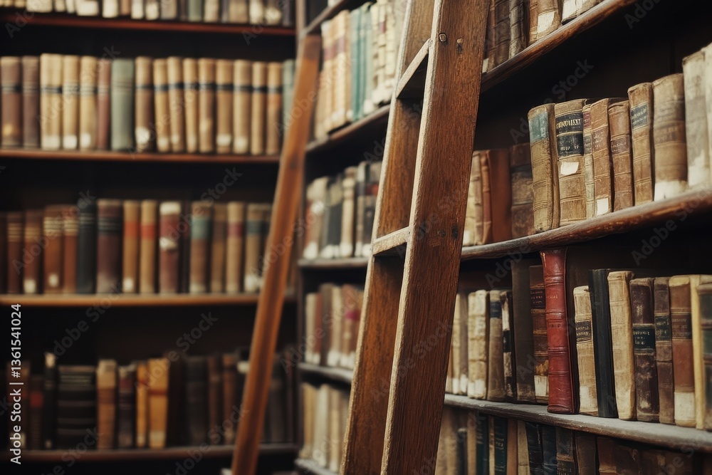 A Realm of Literature: A well-stocked library with a classic wooden ladder, inviting exploration amidst a timeless collection of knowledge. Bookshelves overflowing with history and stories. A Realm of Literature: A well-stocked library with a classic wooden ladder, inviting exploration amidst a timeless collection of knowledge. Bookshelves overflowing with history and stories.