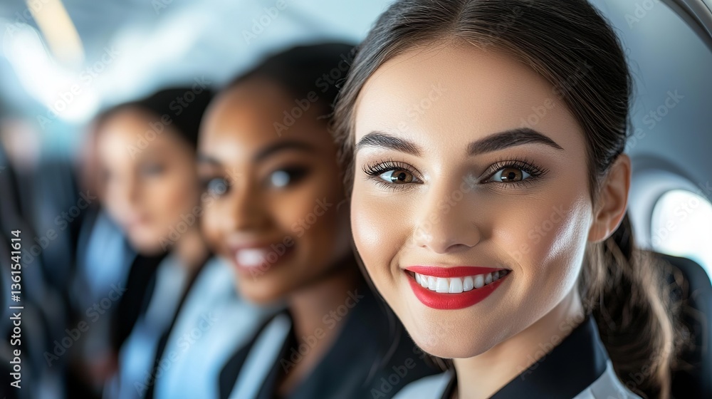 Obraz premium Close-up of a multicultural team of flight attendants, professional airline crew in elegant uniforms with welcoming smiles