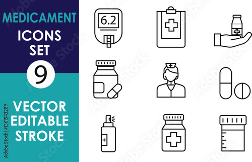 A set of 9 black-and-white vector icons related to medicine, including pills, bottles, a nurse, a clipboard, a glucose meter, and a hand holding medicine
