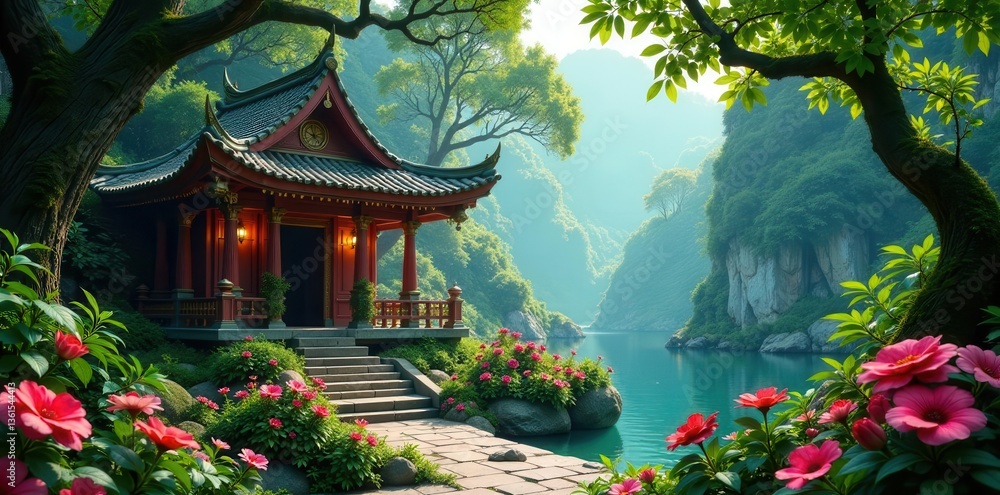 Obraz premium Serene Pavilion by a Tranquil River Nestled Amidst Lush Greenery and Rocky Cliffs
