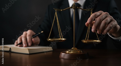 Lawyer Holding Scales of Justice Over Legal Documents