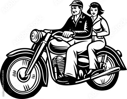 Couple on a vintage motorcycle, evoking adventure, romance, and classic style sketch engraving vector