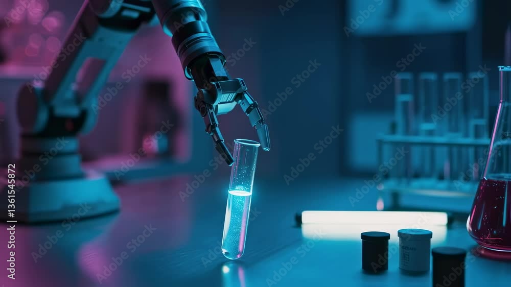 Robotic arm handling test tube in futuristic laboratory. Automated ...