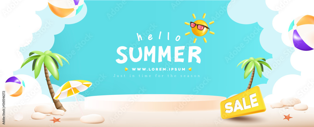 Fototapeta premium Summer web banner poster with podium and summer beach scene design background