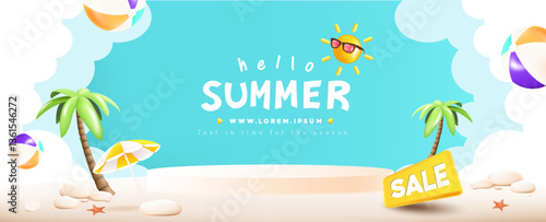 Summer web banner poster with podium and summer beach scene design background
