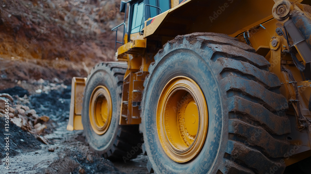 Close up detail of large yellow wheel loader tires ground Close up detail of large yellow wheel loader tires ground
