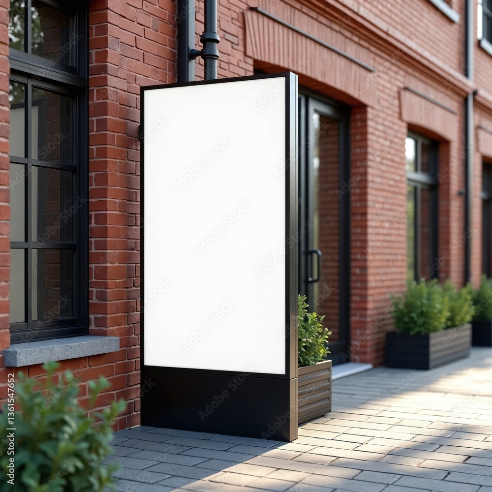 Fototapeta premium Vertical blank pylon stand mockup with brick building backdrop. Empty advertising display template near store. Commercial sign, poster, billboard for marketing, advertisement, business.