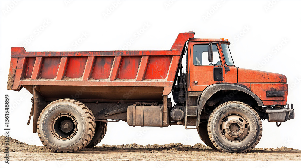 Obraz premium Side view of old orange heavy duty dump truck isolated on white background.