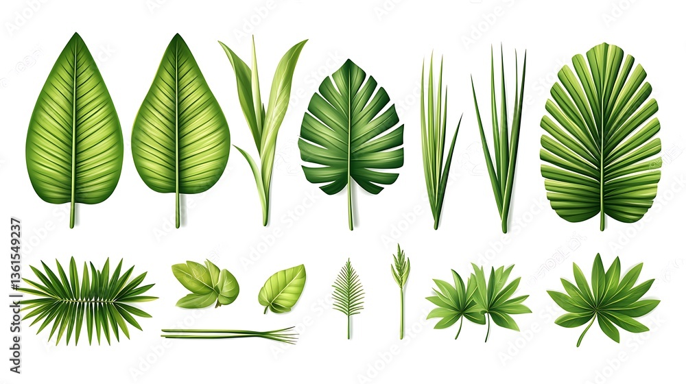 Collection of various green tropical leaves isolated on white background. Collection of various green tropical leaves isolated on white background.