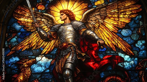 Stained glass art of Saint Michael the Archangel, clad in gleaming silver armor with a radiant golden halo, wielding a sword as he triumphantly stands over a defeated dragon,