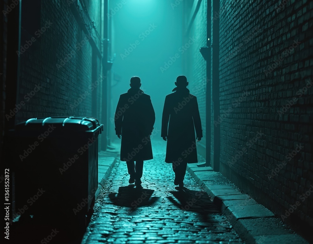 Two men walk in foggy, dim alley. Atmospheric shot, night, urban scene. Mysterious, thriller, suspenseful mood. Silhouettes in trench coats, secret meeting, espionage.